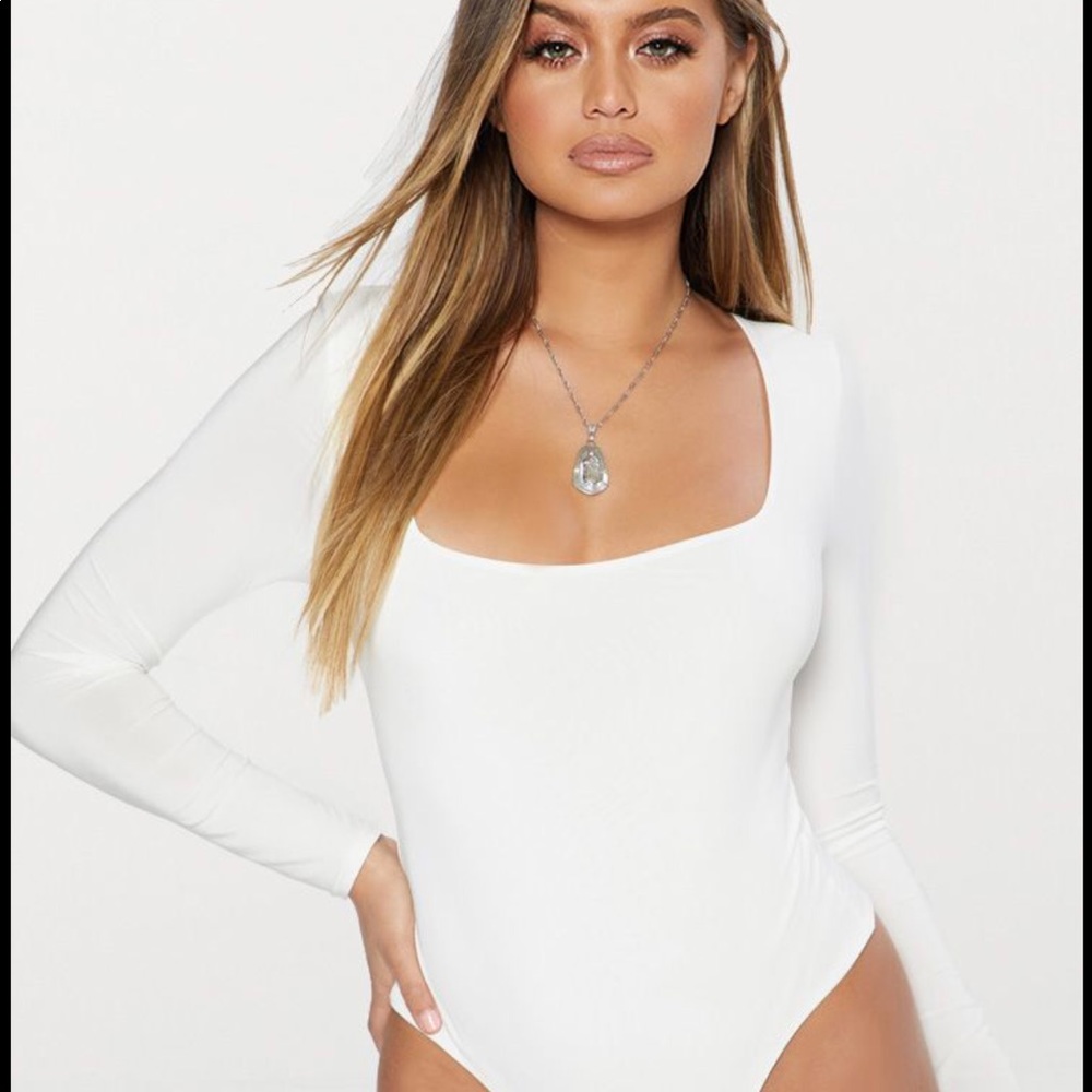 White square neck, long sleeve bodysuit